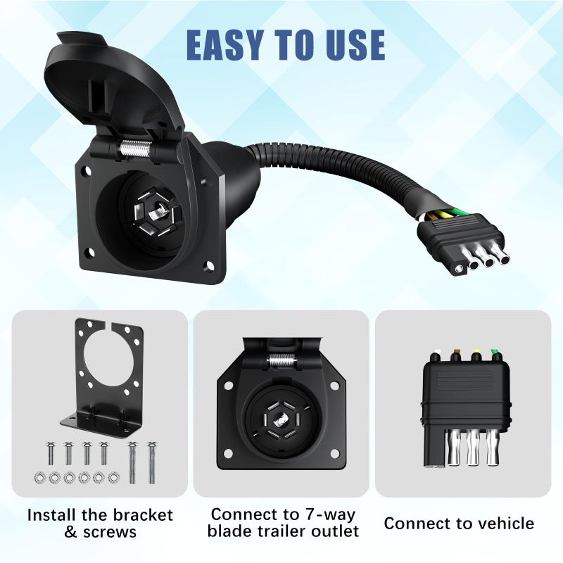 YONHAN 4 Pin to 7 Pin Adapter Trailer Light Adapter 4-Way Flat Truck to 7-Way Blade Reverse Plug Connector with Mounting Bracket for Towing Solutions - Image 3